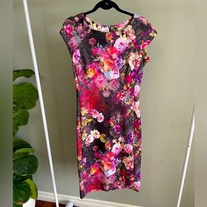 Fall Floral Cap Sleeve Midi Beiges by ECI Shift Dress Size 6